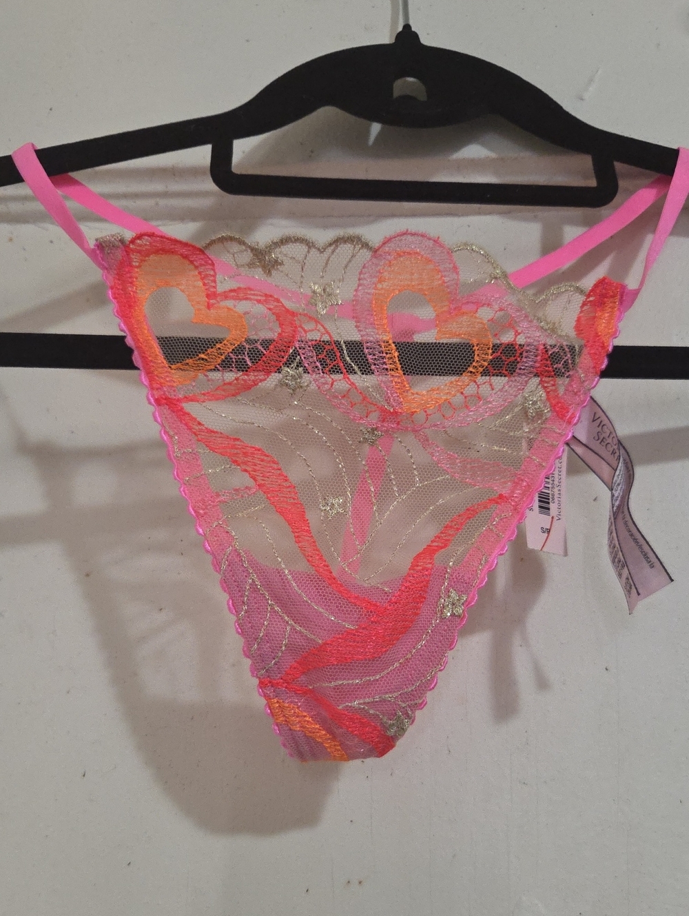 Victoria's Secret Neon Pink & Orange Heart Lace Thong
